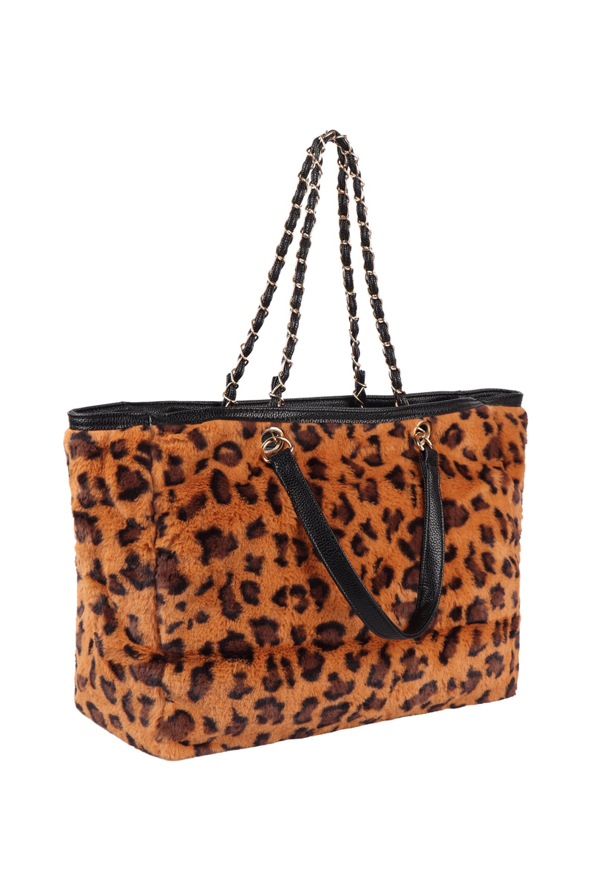 LEOPARD FAUX FUR W/ ADJUSTABLE HANDLE TOTE BAG