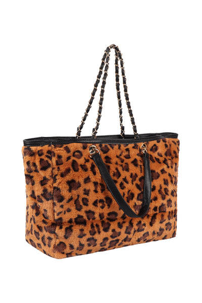 LEOPARD FAUX FUR W/ ADJUSTABLE HANDLE TOTE BAG