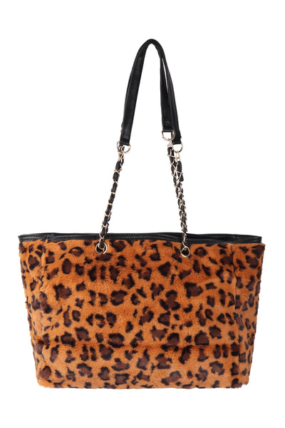 LEOPARD FAUX FUR W/ ADJUSTABLE HANDLE TOTE BAG