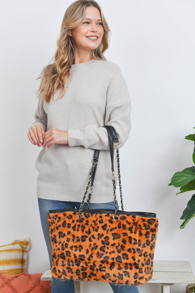 LEOPARD FAUX FUR W/ ADJUSTABLE HANDLE TOTE BAG