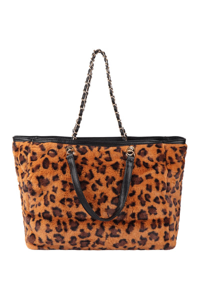 LEOPARD FAUX FUR W/ ADJUSTABLE HANDLE TOTE BAG