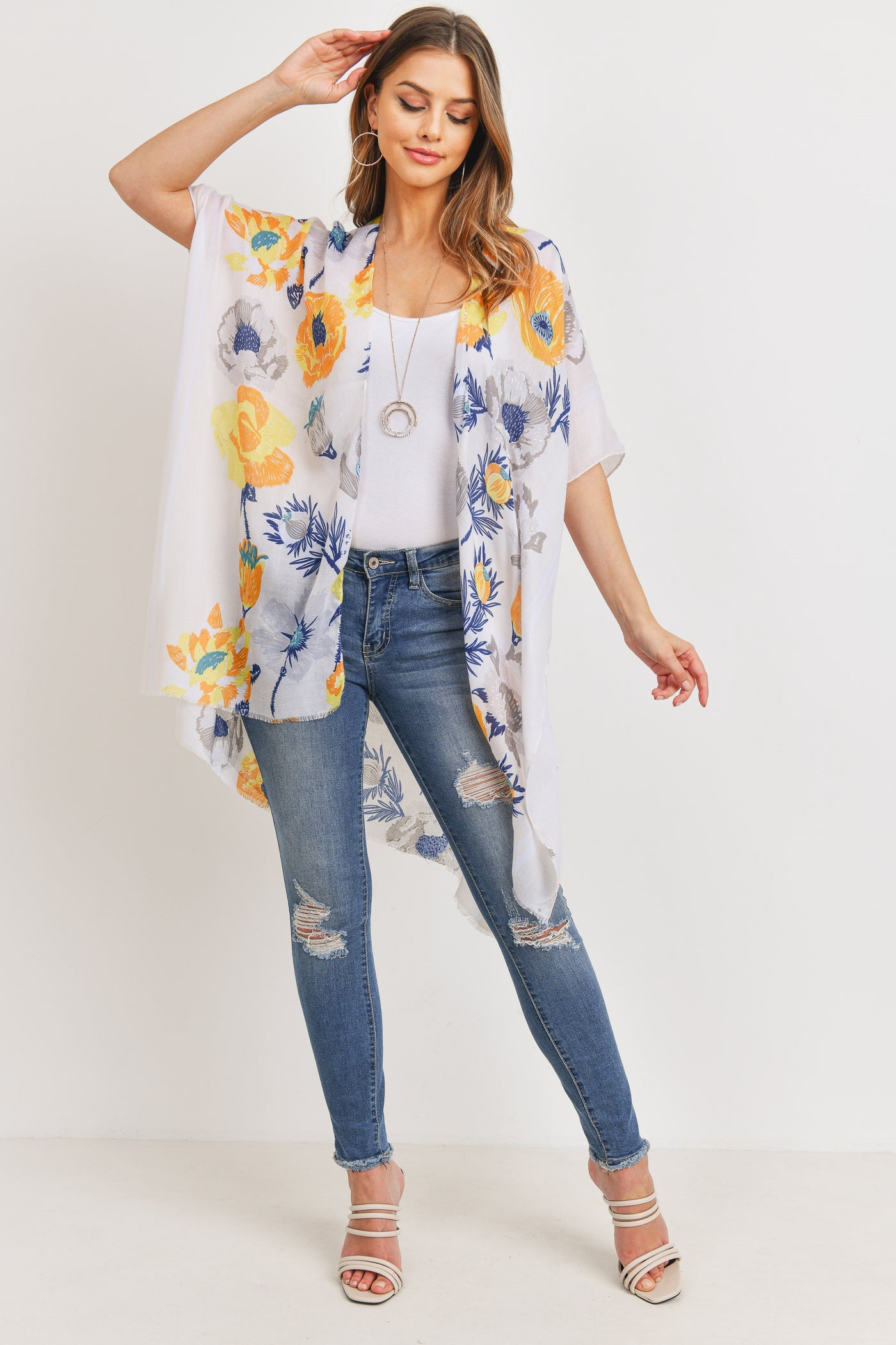 YELLOW FLORAL KNEE LENGTH KIMONO
