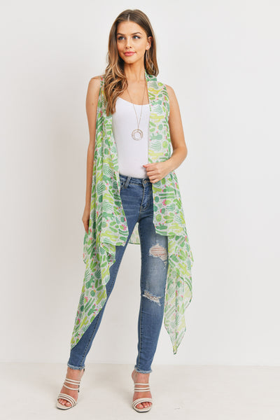 GREEN CACTUS LONG OPEN FRONT KIMONO VEST