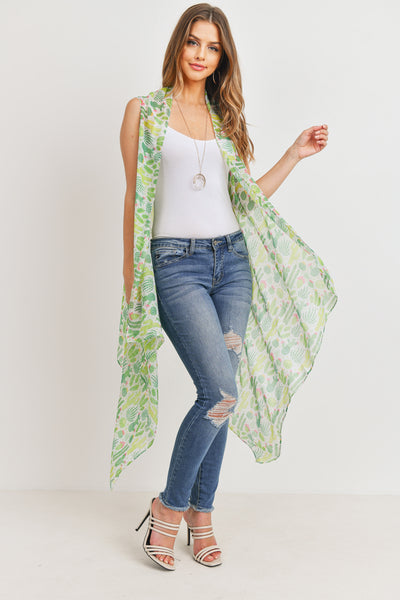 GREEN CACTUS LONG OPEN FRONT KIMONO VEST