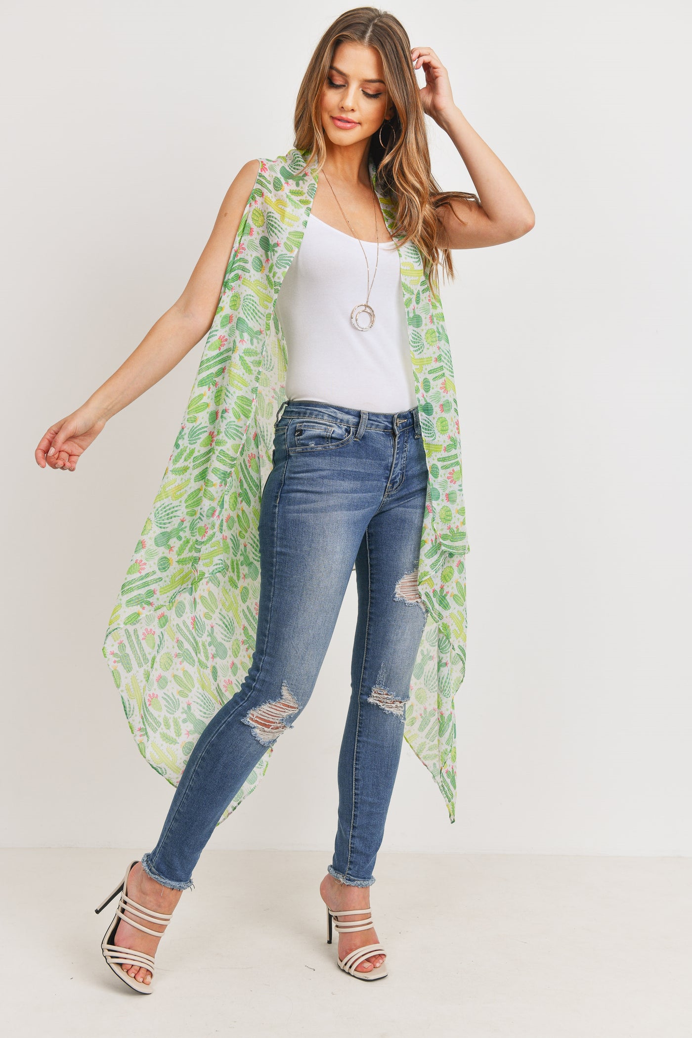 GREEN CACTUS LONG OPEN FRONT KIMONO VEST
