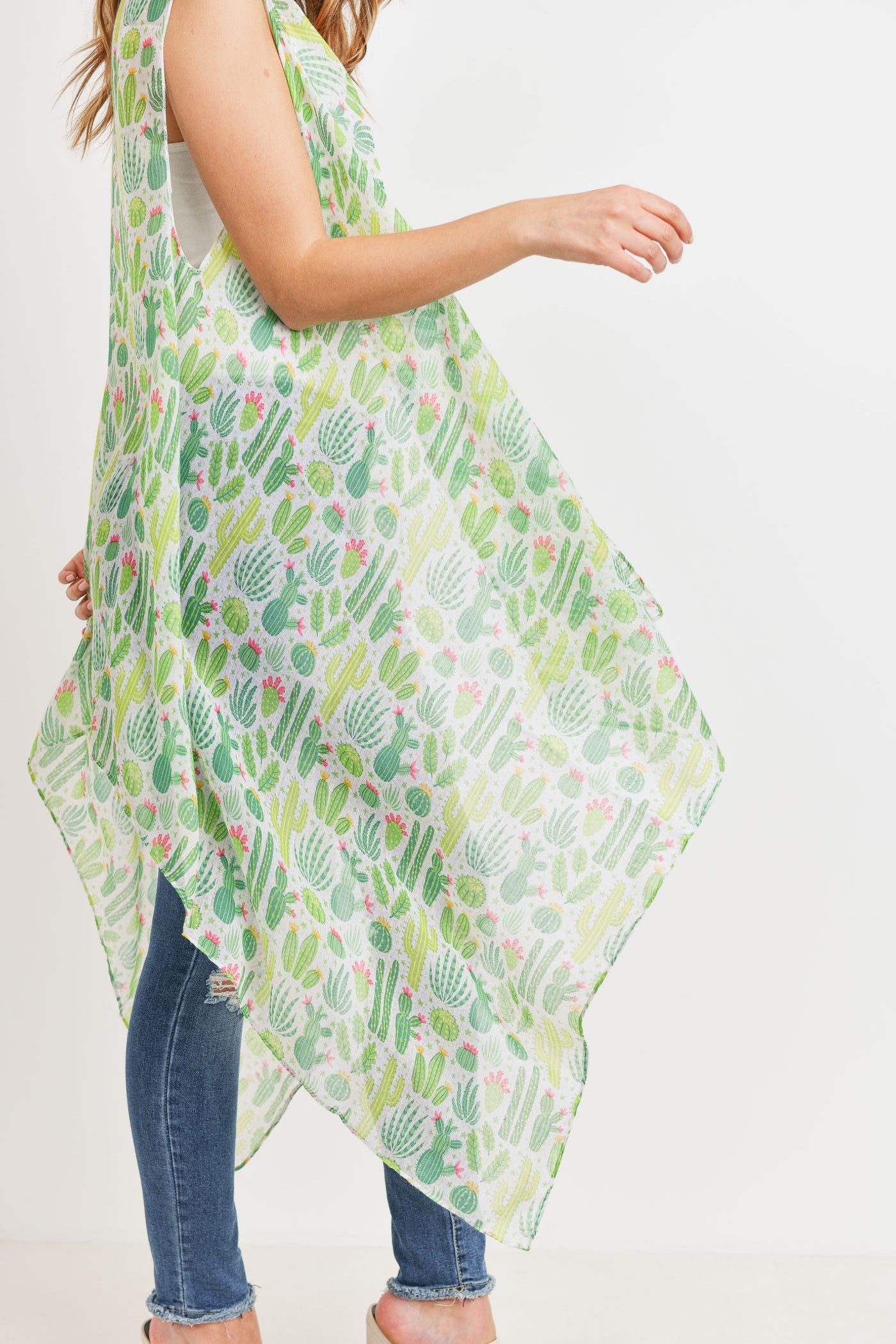 GREEN CACTUS LONG OPEN FRONT KIMONO VEST