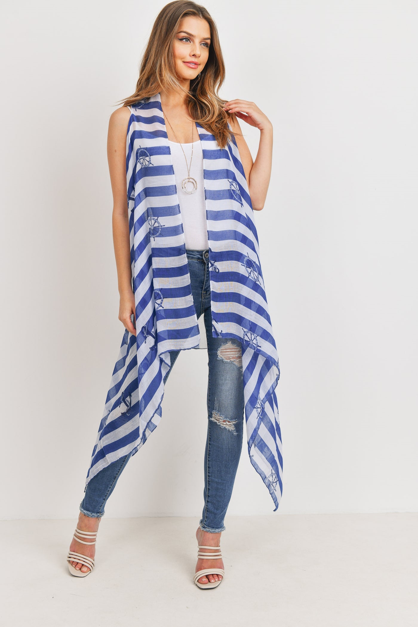 PRINTED STRIPE BLUE SHEEP WHEEL KIMONO VEST