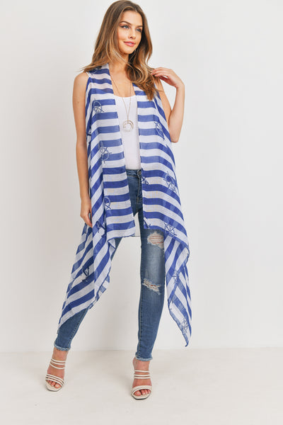 PRINTED STRIPE BLUE SHEEP WHEEL KIMONO VEST