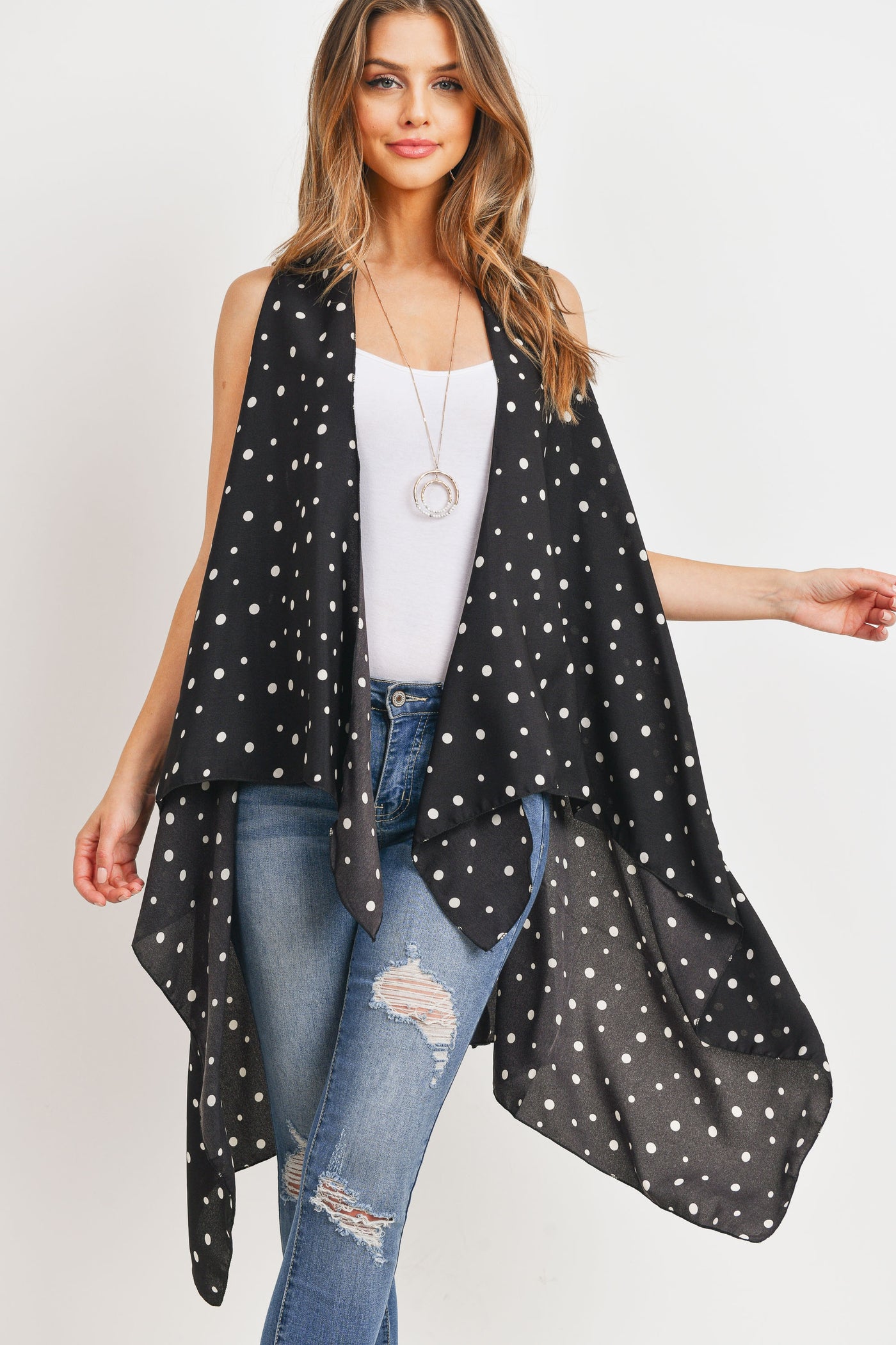 BLACK POLKA DOTS KIMONO VEST