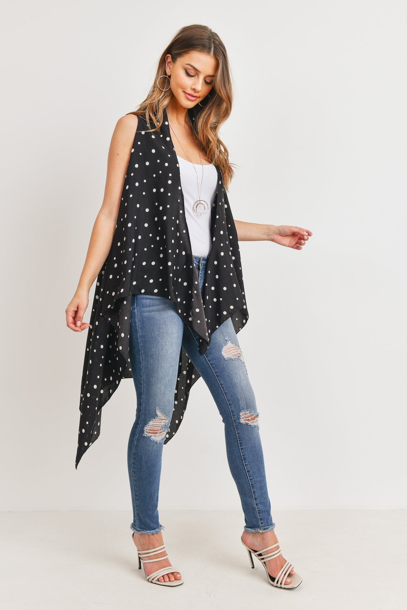 BLACK POLKA DOTS KIMONO VEST