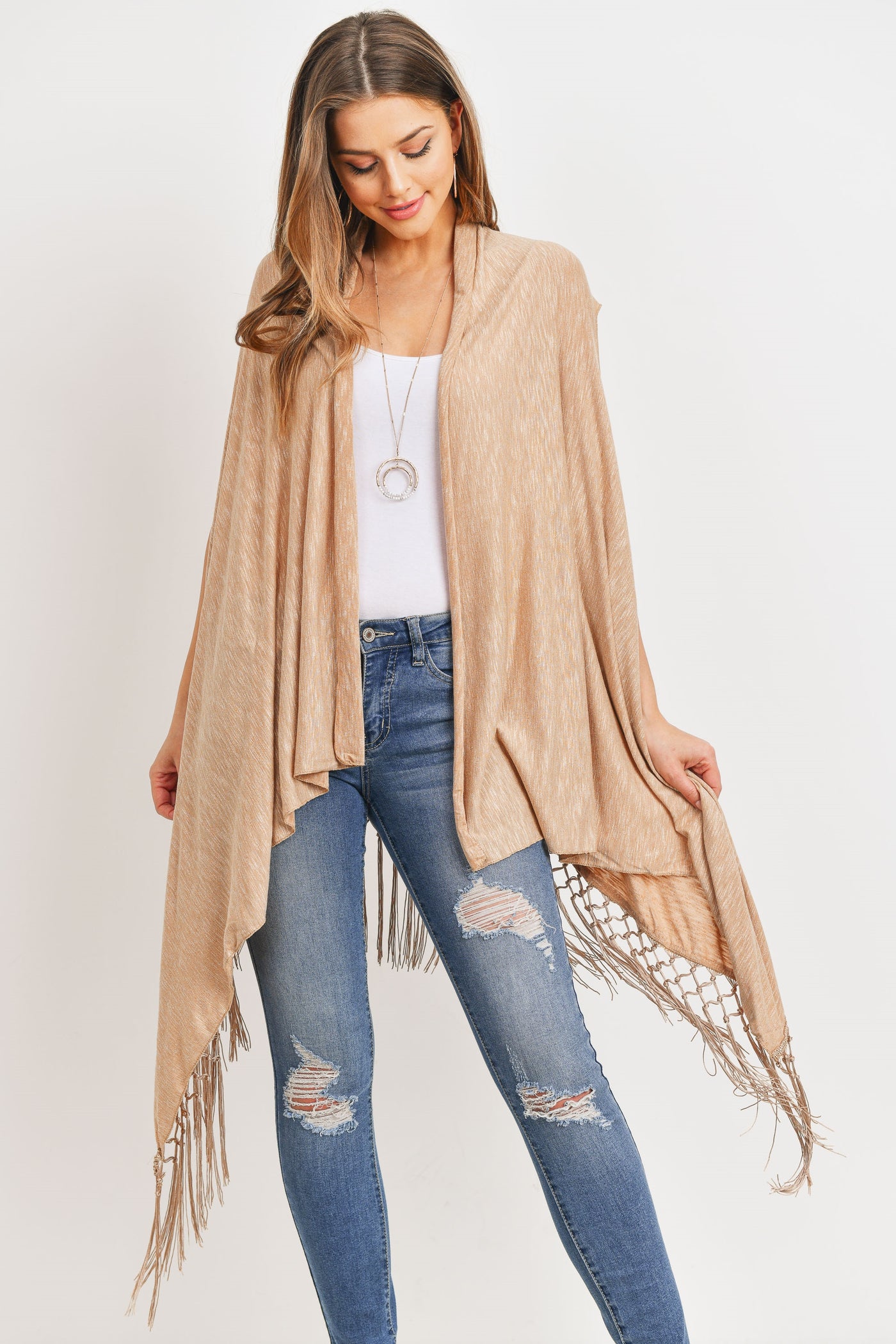 BROWN OPEN FRONT FRINGE TASSEL KIMONO VEST