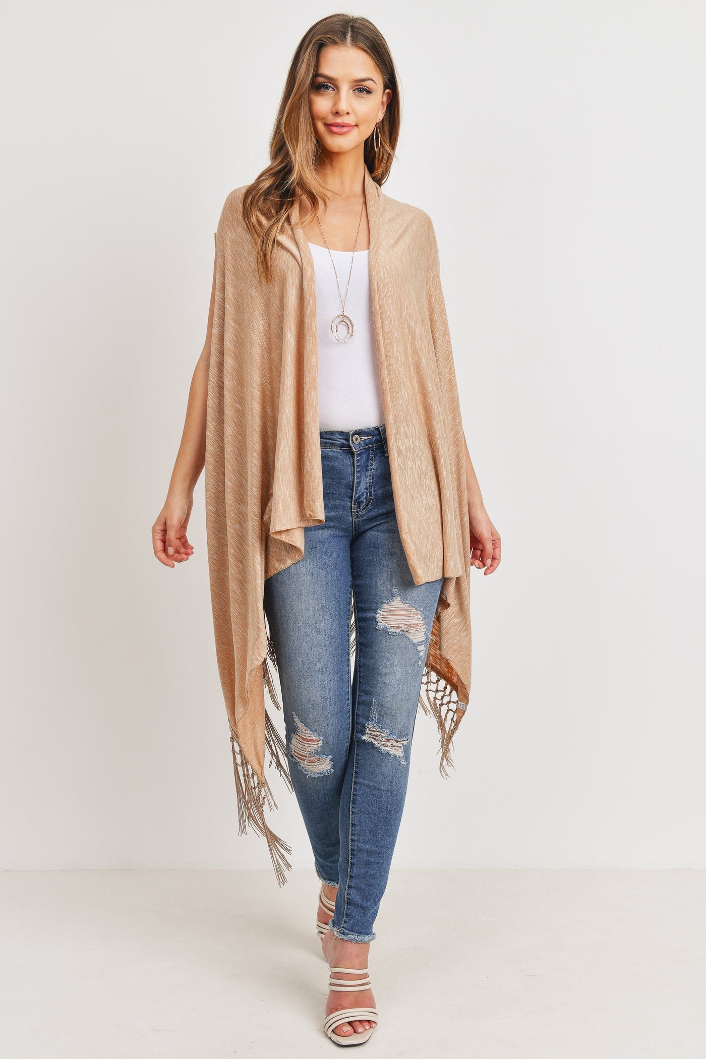BROWN OPEN FRONT FRINGE TASSEL KIMONO VEST