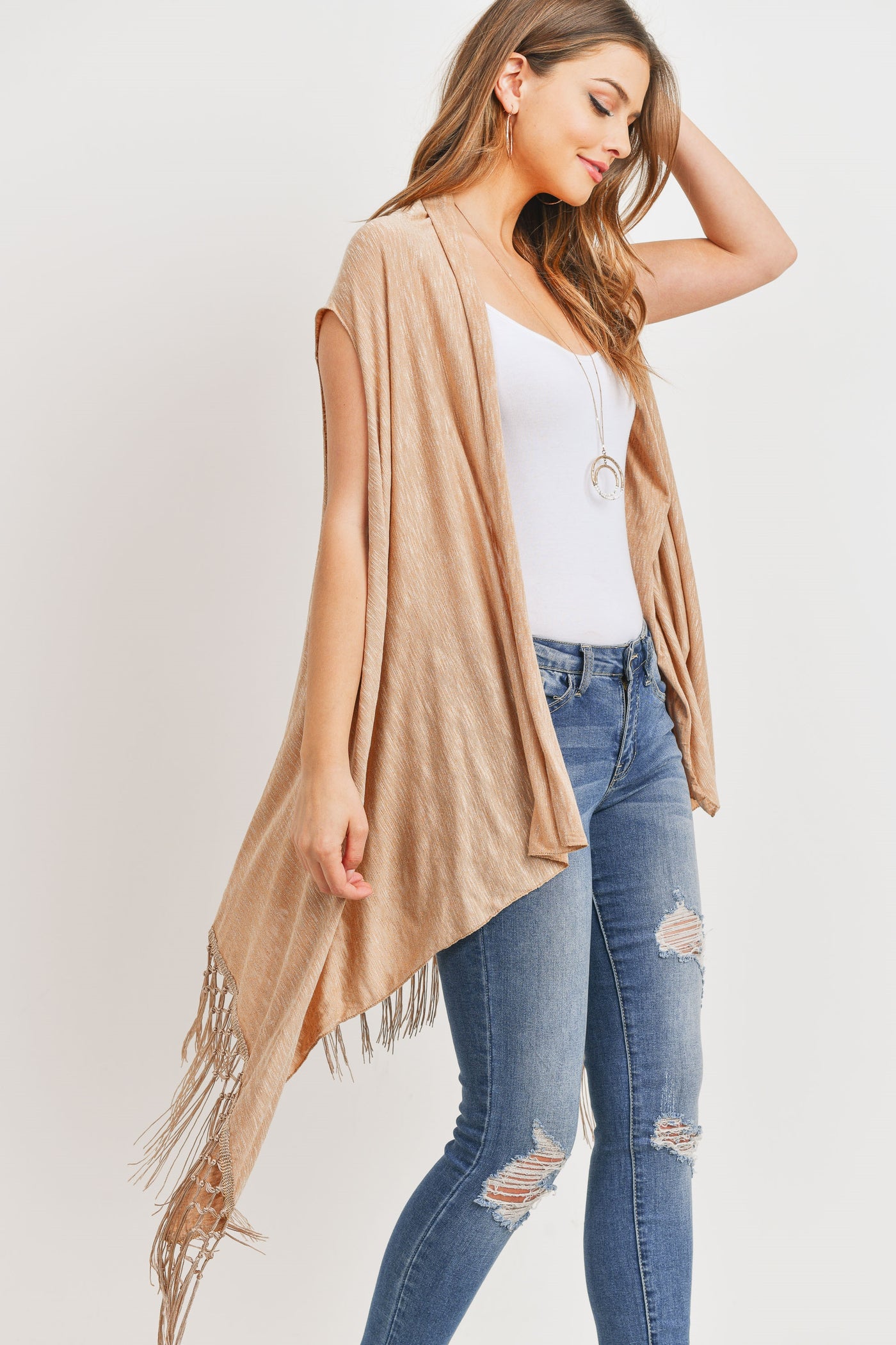 BROWN OPEN FRONT FRINGE TASSEL KIMONO VEST