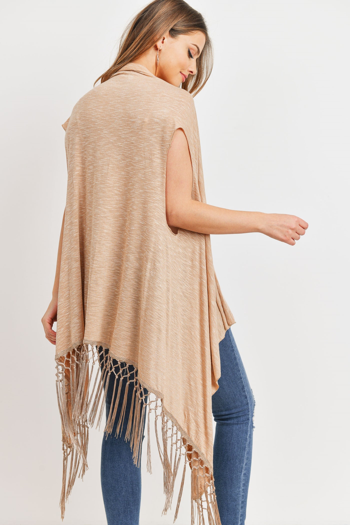 BROWN OPEN FRONT FRINGE TASSEL KIMONO VEST