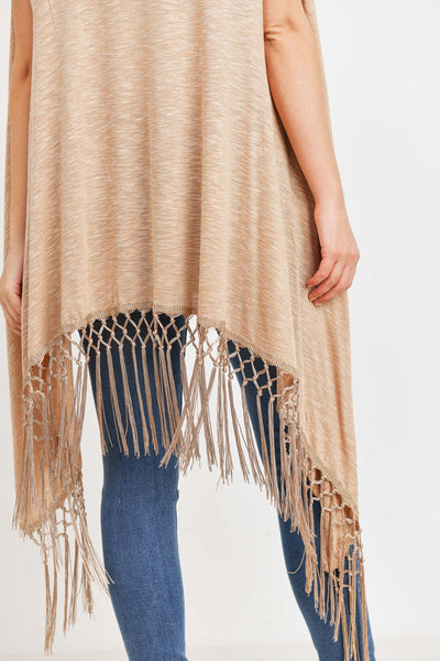BROWN OPEN FRONT FRINGE TASSEL KIMONO VEST