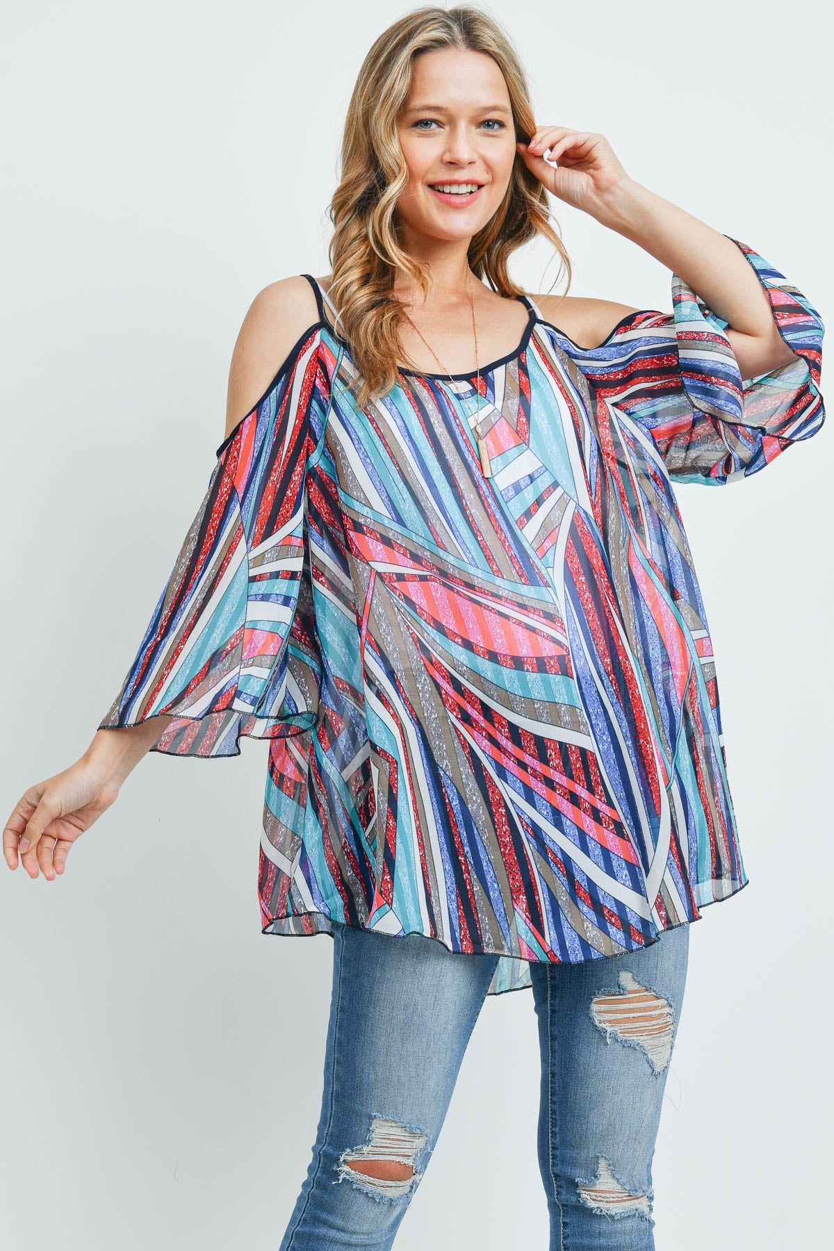 STRIPED PRINTED OFF SHOULDER KIMONO
