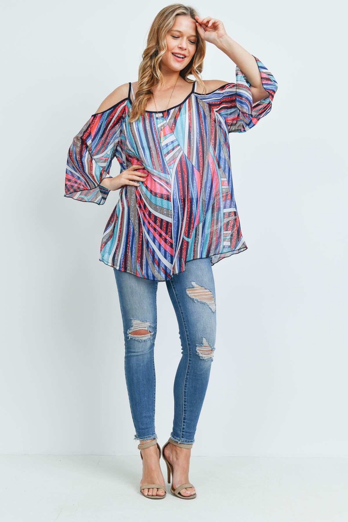 STRIPED PRINTED OFF SHOULDER KIMONO