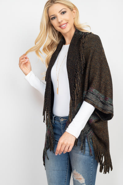 BORDERLINE KNITTED FRINGE RUANA KIMONO