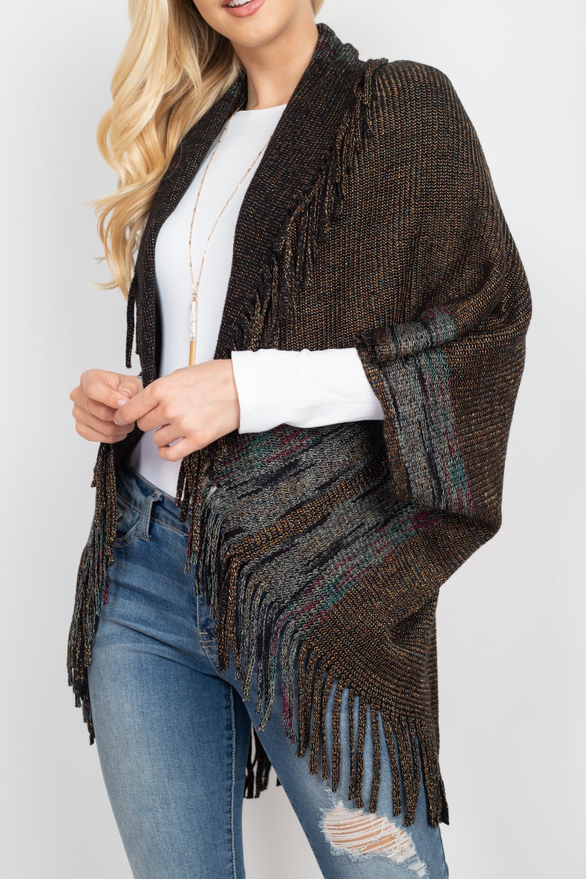 BORDERLINE KNITTED FRINGE RUANA KIMONO