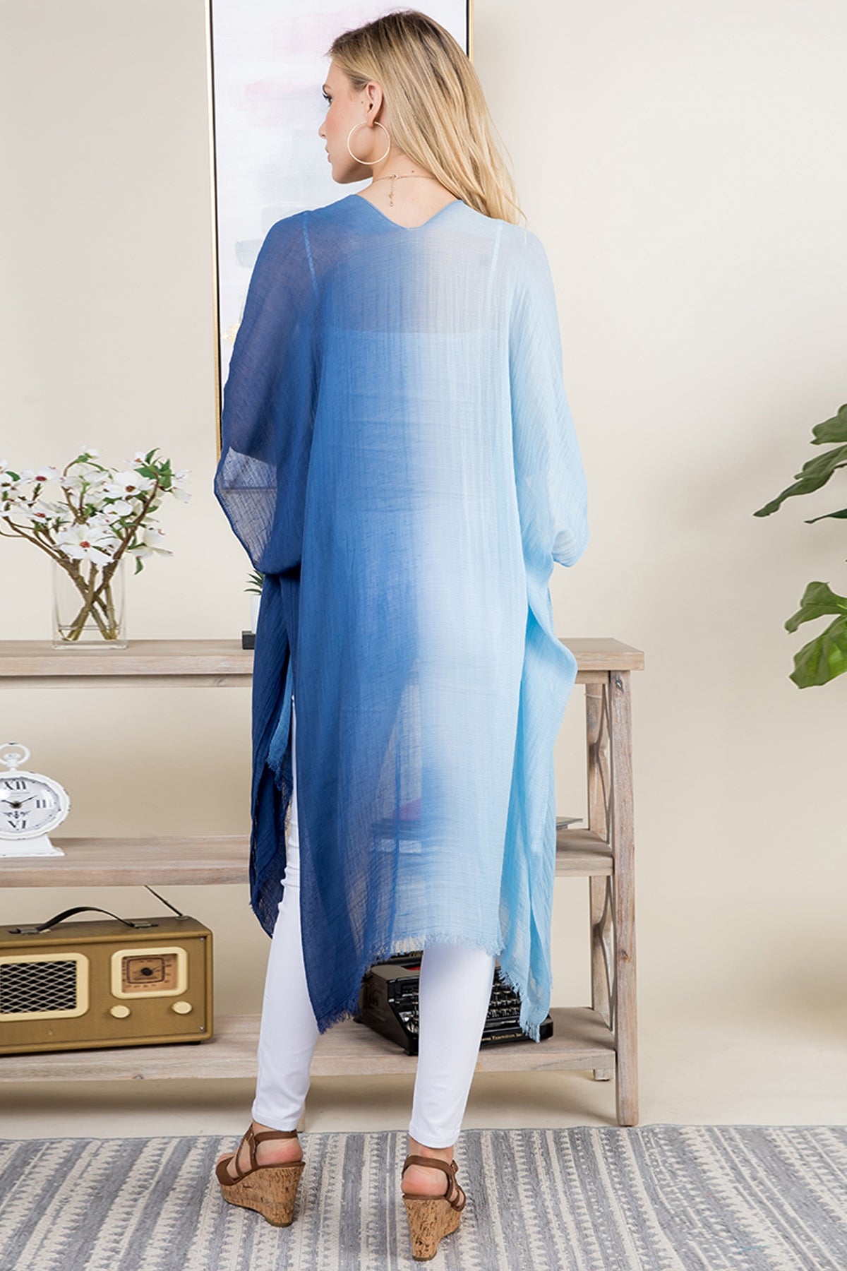 KNEE LENGTH OPEN FRONT GRADIENT TWO TONE BLUE KIMONO