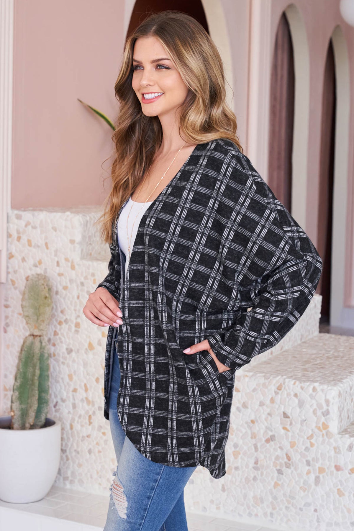 PLAID ROUND HEM POCKET OPEN CARDIGAN 1-2-2-2 (NOW $ 2.75 ONLY!)