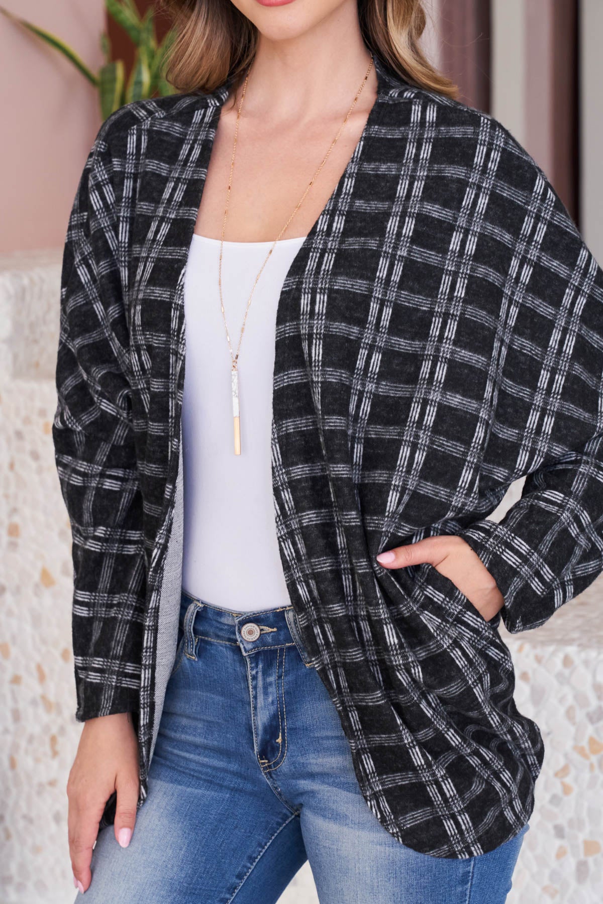 PLAID ROUND HEM POCKET OPEN CARDIGAN 1-2-2-2 (NOW $ 2.75 ONLY!)