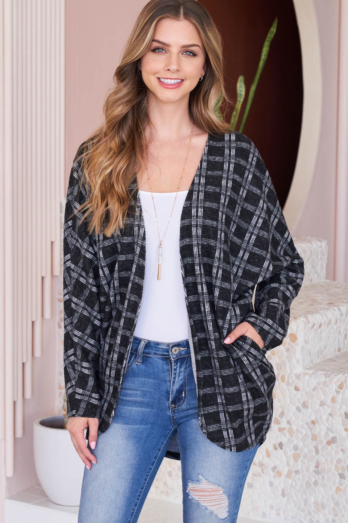 PLAID ROUND HEM POCKET OPEN CARDIGAN 1-2-2-2 (NOW $ 2.75 ONLY!)