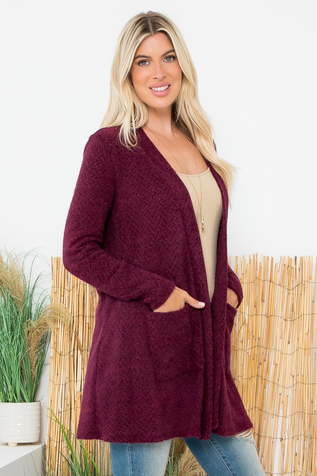 FRONT POCKETS OPEN TEXTURED CARDIGAN 1-1-1-1