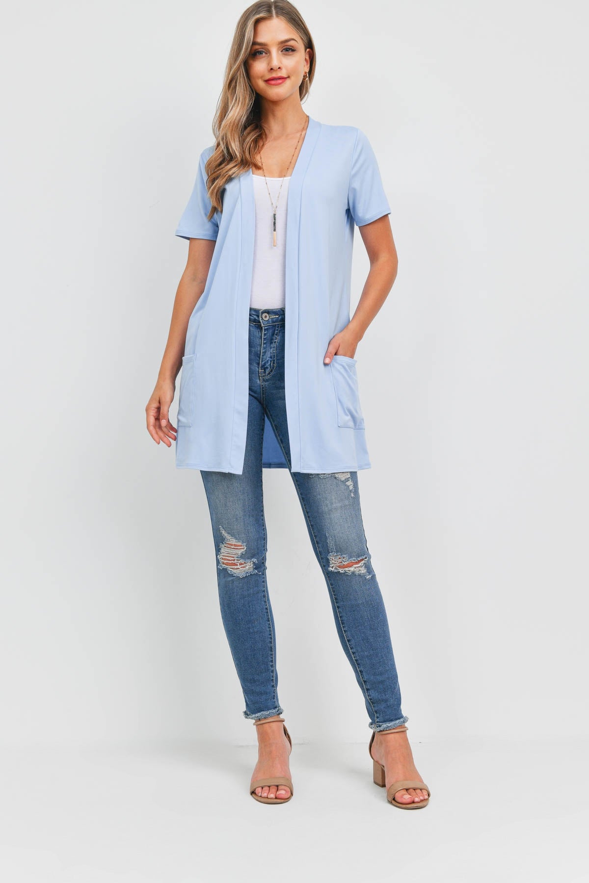 OPEN FRONT SHORT SLEEVES SIDE POCKETS CARDIGAN 1-2-2-2 (NOW $4.75 ONLY!)