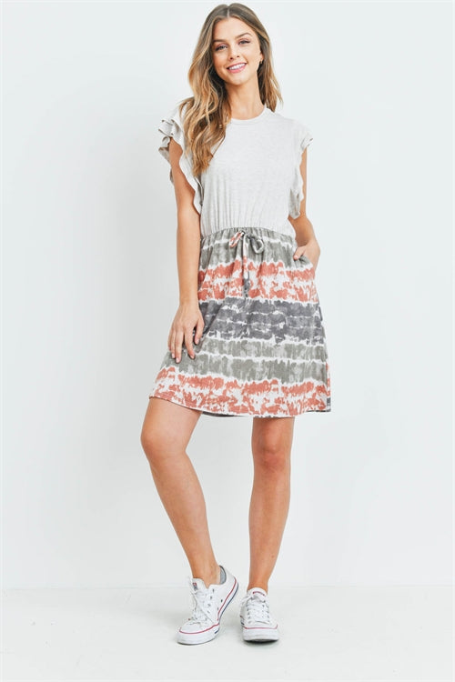 PPD1025-FLUTTER SLEEVES TWO TONED TOP CINCH WAIST TIE DYE BOTTOM DRESS 0-2-2-3