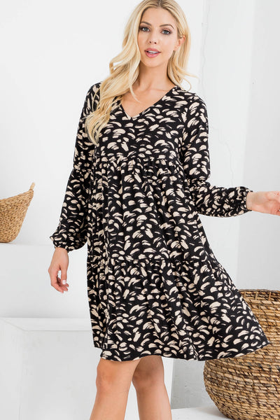 PUFF SLEEVE V-NECK FEATHER PRINT DRESS 1-2-2-2 (NOW $8.75 ONLY!)