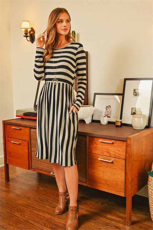 PPD10323-STRIPED LONG SLEEVE CINCH WAIST DRESS 1-2-2-2