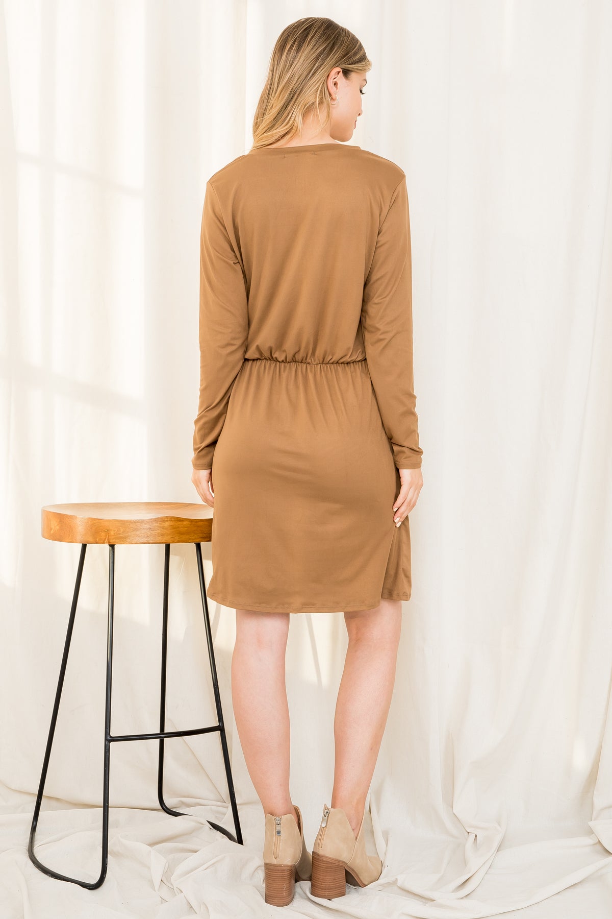 PLUS SIZE ELASTIC WAIST RIBBON DETAIL LONG SLEEVE SOLID DRESS