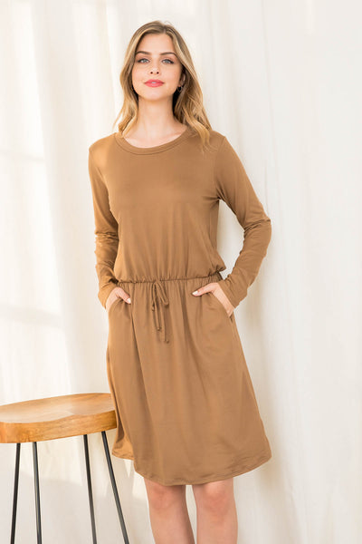 PLUS SIZE ELASTIC WAIST RIBBON DETAIL LONG SLEEVE SOLID DRESS