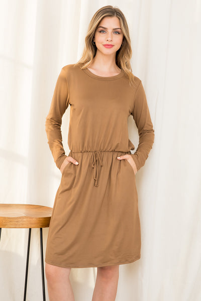 PLUS SIZE ELASTIC WAIST RIBBON DETAIL LONG SLEEVE SOLID DRESS