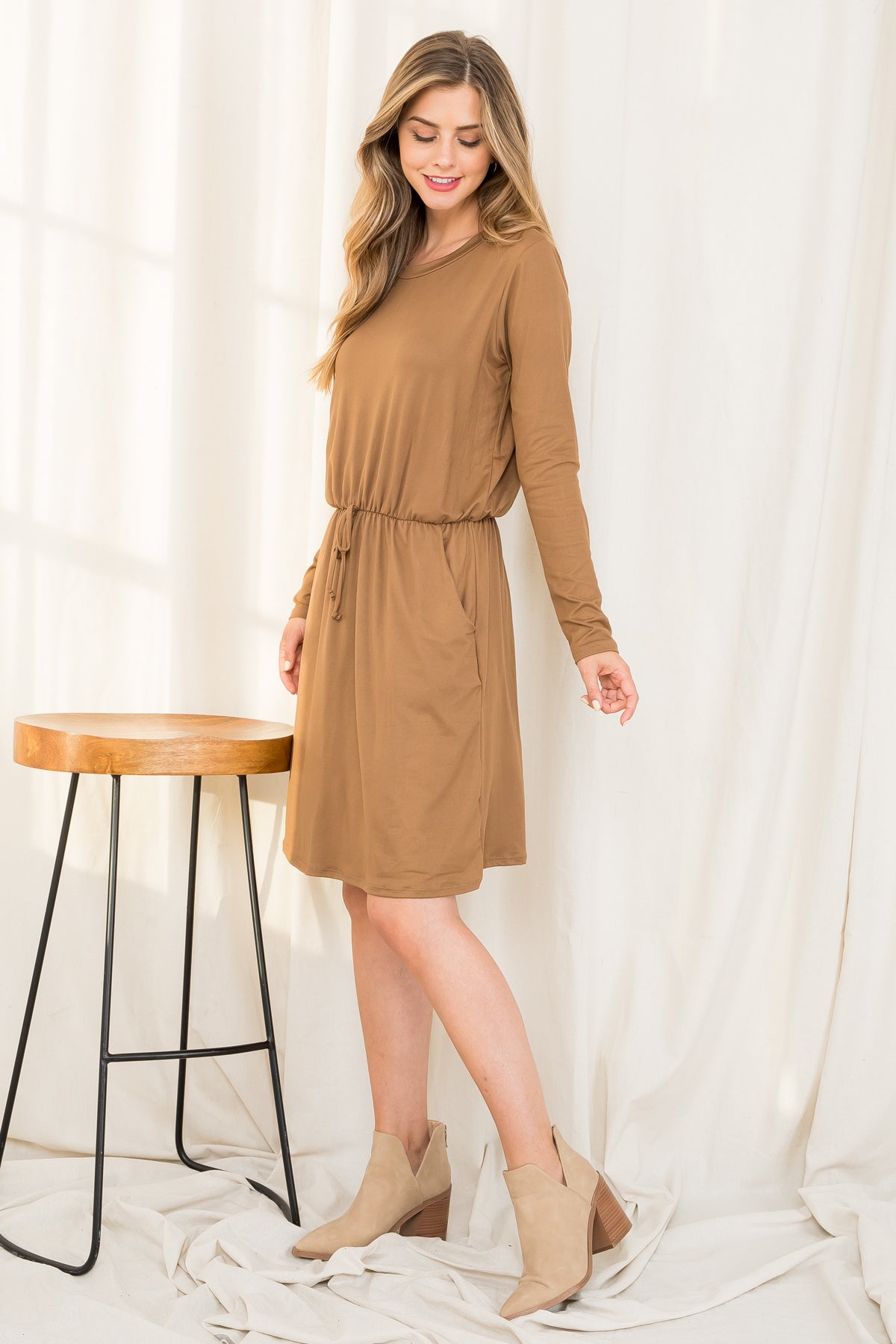 PLUS SIZE ELASTIC WAIST RIBBON DETAIL LONG SLEEVE SOLID DRESS