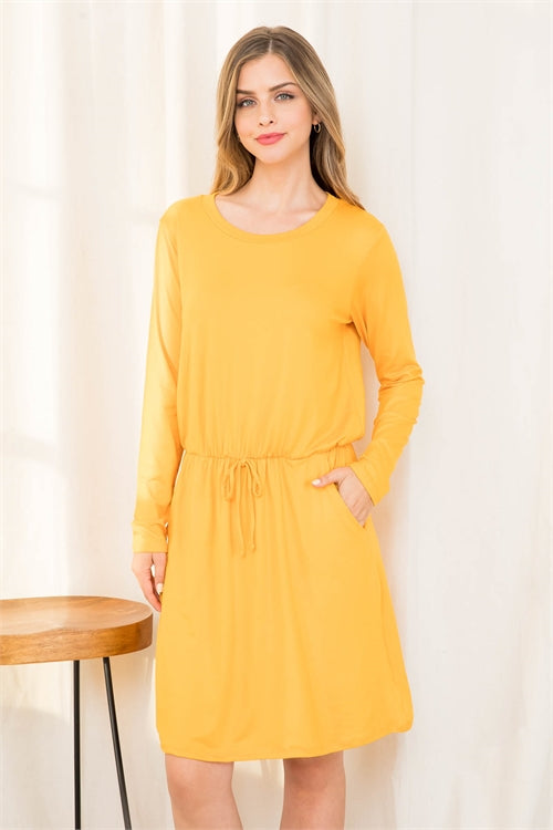 PPD10326-ELASTIC WAIST RIBBON DETAIL LONG SLEEVE SOLID DRESS 0-2-1-3