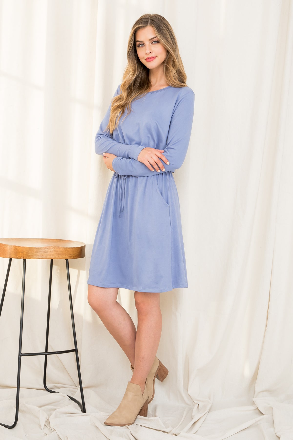 PLUS SIZE ELASTIC WAIST RIBBON DETAIL LONG SLEEVE SOLID DRESS