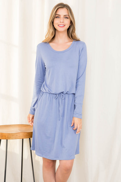 PLUS SIZE ELASTIC WAIST RIBBON DETAIL LONG SLEEVE SOLID DRESS