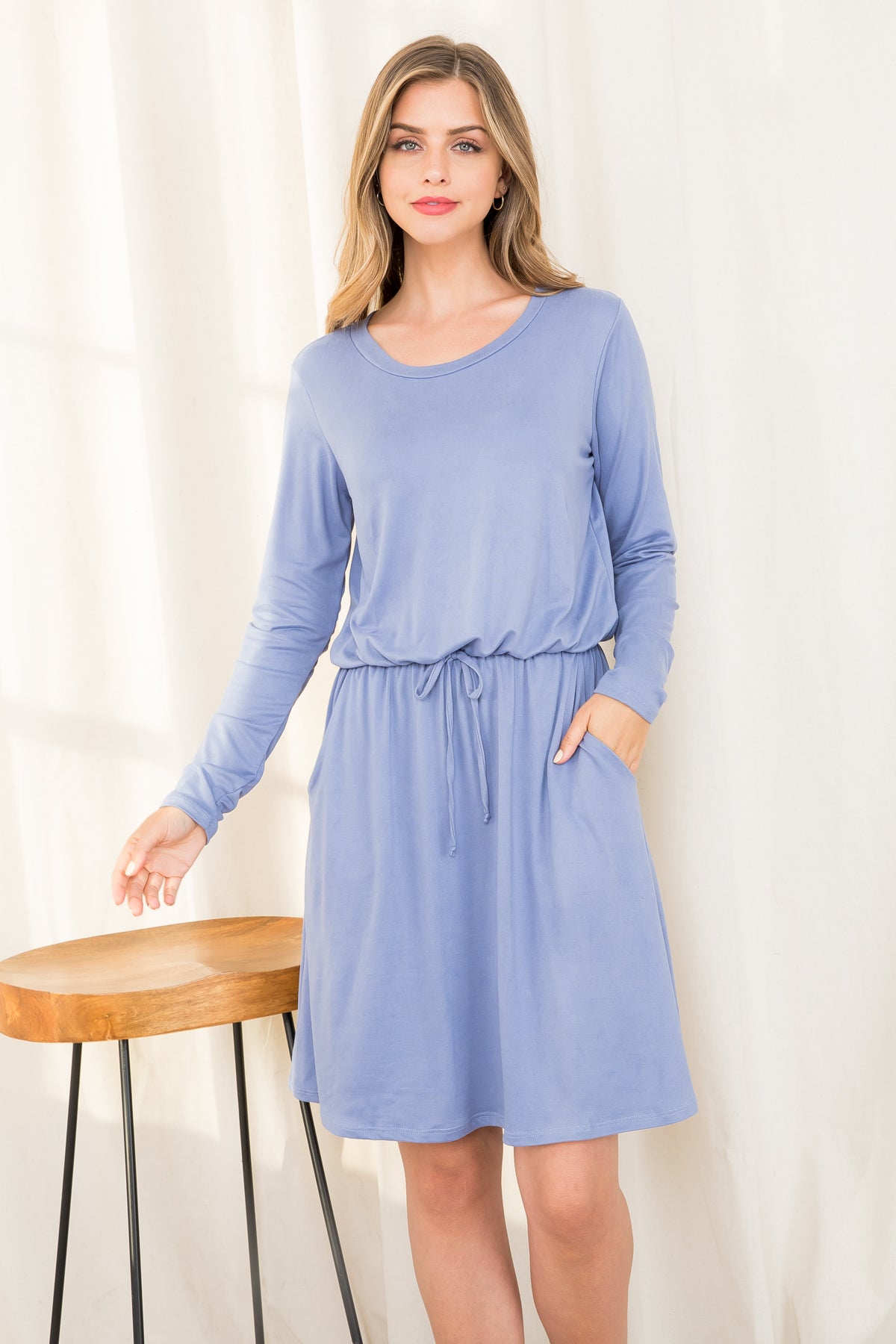 PLUS SIZE ELASTIC WAIST RIBBON DETAIL LONG SLEEVE SOLID DRESS