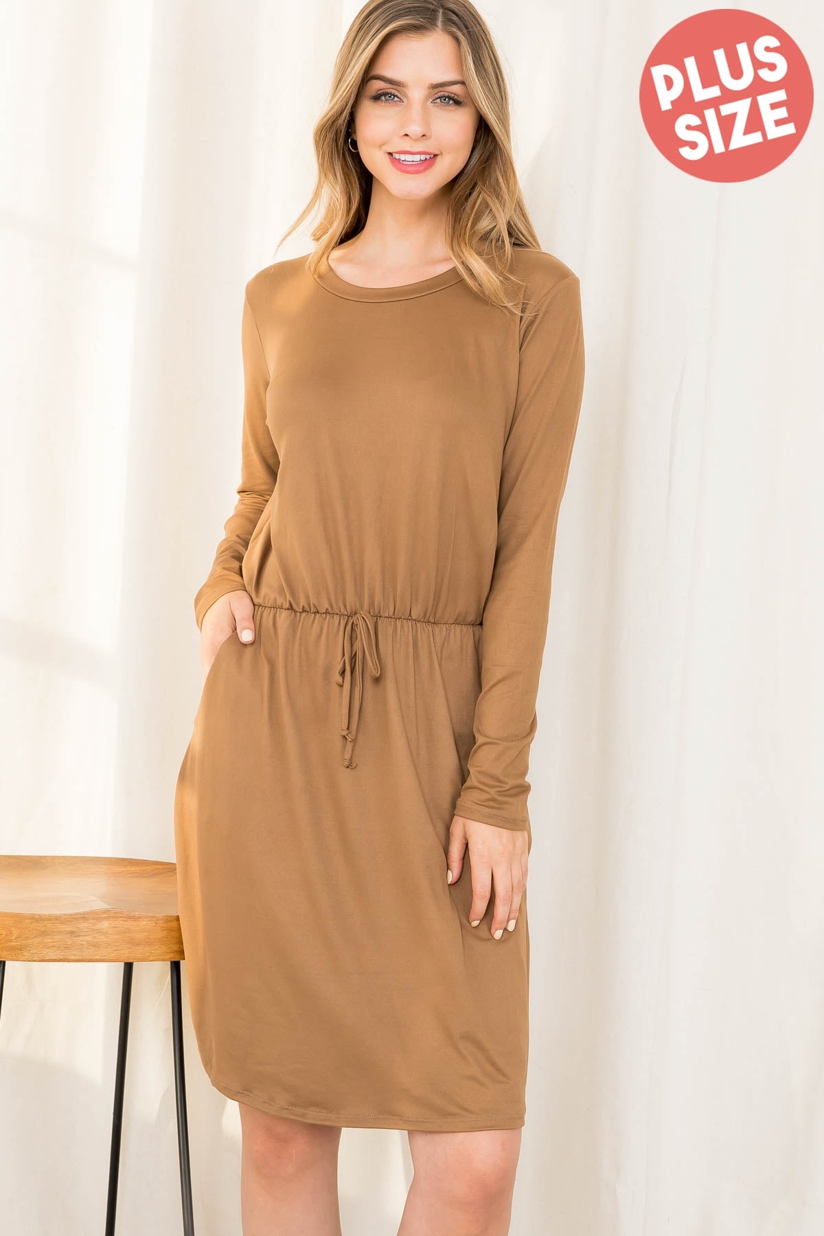 PLUS SIZE ELASTIC WAIST RIBBON DETAIL LONG SLEEVE SOLID DRESS