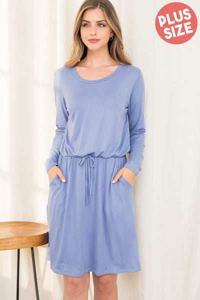 PLUS SIZE ELASTIC WAIST RIBBON DETAIL LONG SLEEVE SOLID DRESS