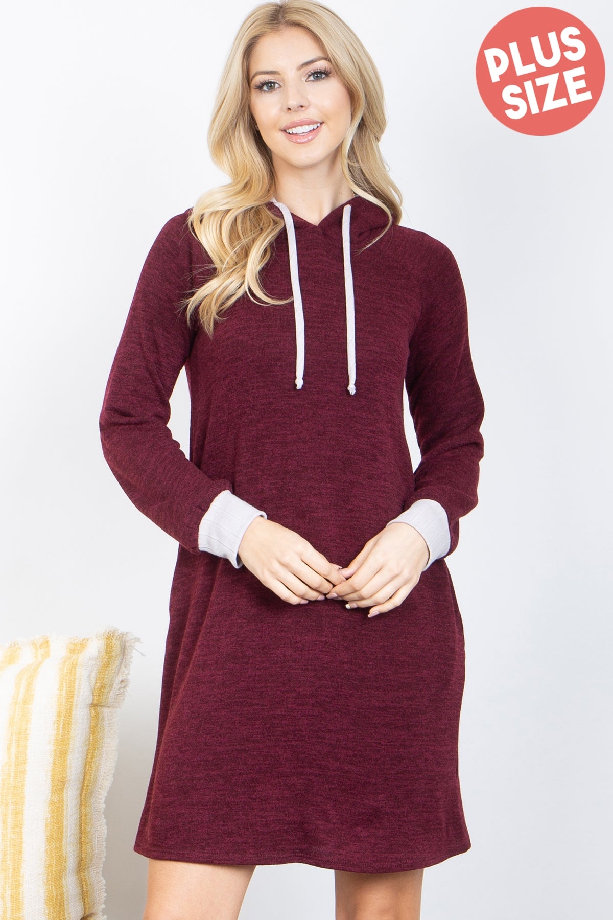 PLUS SIZE HACCI LONG SLEEVE RIB BAND HOODIE DRESS WITH SELF TIE 3-2-1