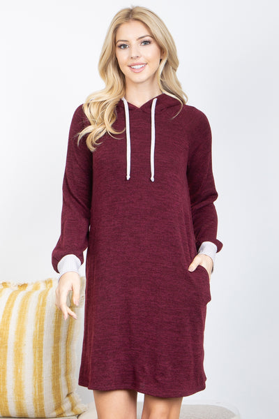 PLUS SIZE HACCI LONG SLEEVE RIB BAND HOODIE DRESS WITH SELF TIE 3-2-1