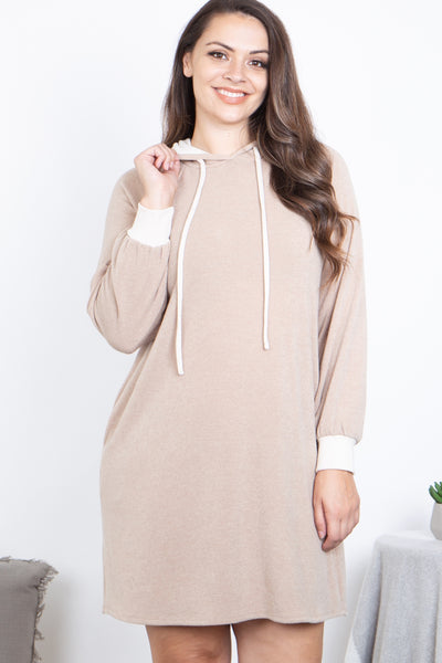 PLUS SIZE HACCI LONG SLEEVE RIB BAND HOODIE DRESS WITH SELF TIE 3-2-1