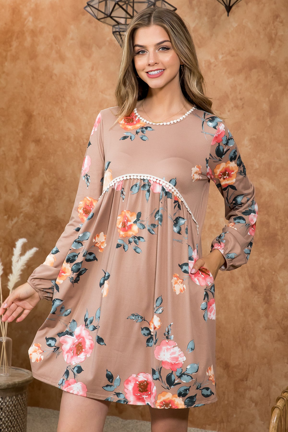 PLUS SIZE POMPOM DETAIL LONG SLEEVE ELASTIC BAND FLORAL DRESS 3-2-1