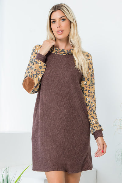 LEOPARD LONG SLEEVE ELBOW PATCH RIB DRESS 1-1-1-1 (NOW $9.75 ONLY!)