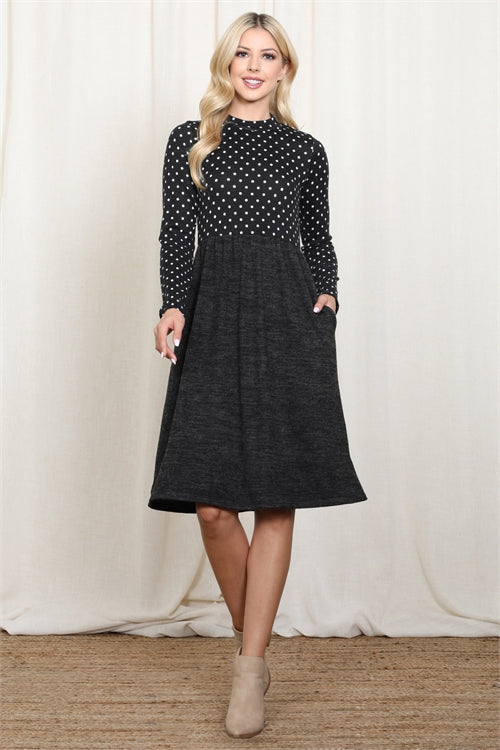 PPD10694-POLKA DOT LONG SLEEVE HACCI BRUSHED CONTRAST DRESS 1-1-1-1