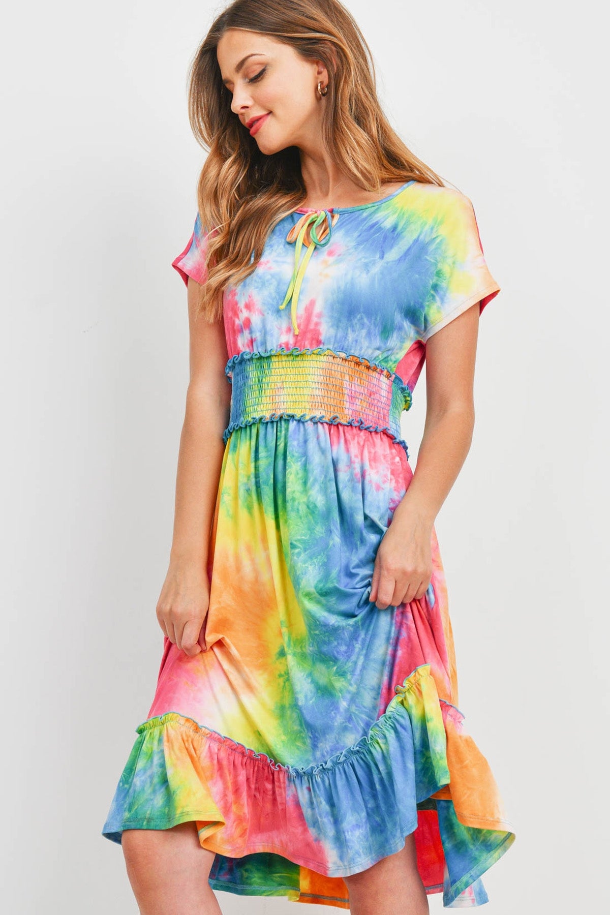 SMOCKED WAIST RIBBON DETAIL NECKLINE TIE DYE DRESS 1-2-2-2