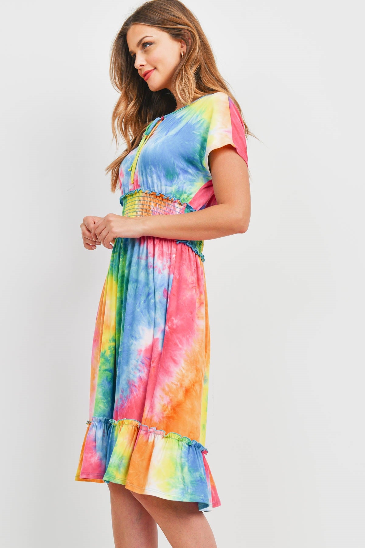 SMOCKED WAIST RIBBON DETAIL NECKLINE TIE DYE DRESS 1-2-2-2